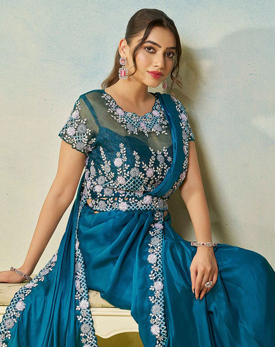 Lovely Teal Color Satin Fabric Readymade Saree