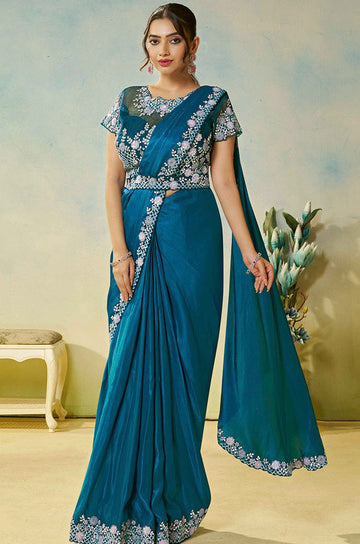 Lovely Teal Color Satin Fabric Readymade Saree