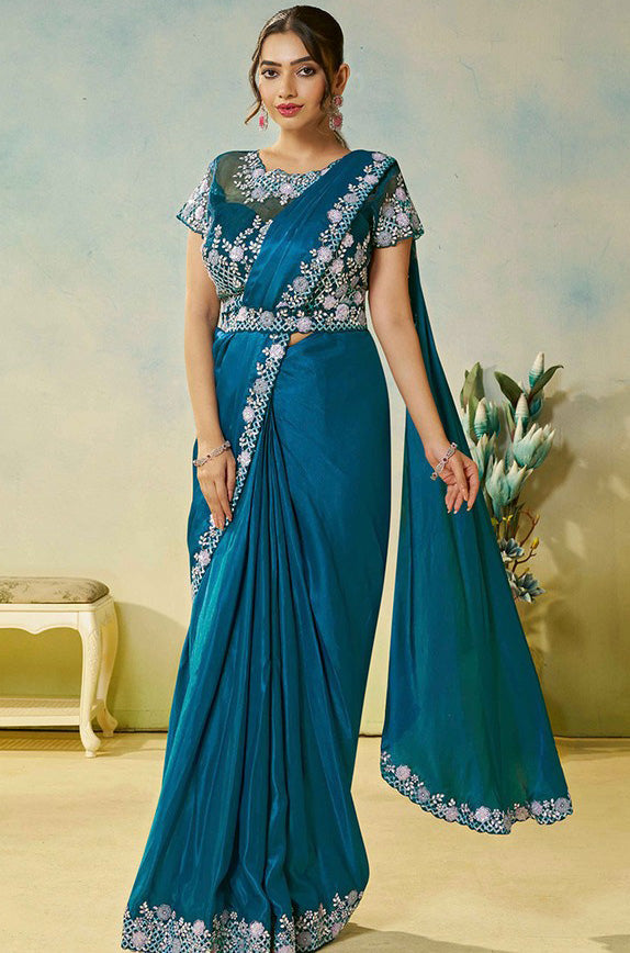 Lovely Teal Color Satin Fabric Readymade Saree