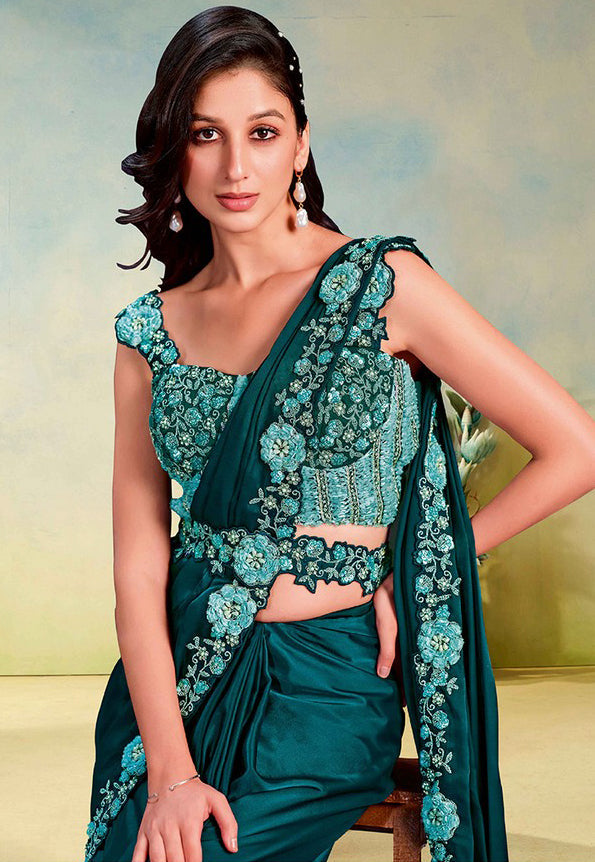 Lovely Green Color Satin Fabric Readymade Saree