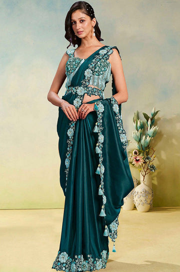 Lovely Green Color Satin Fabric Readymade Saree