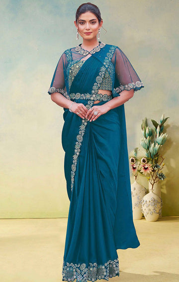 Lovely Teal Color Satin Fabric Readymade Saree
