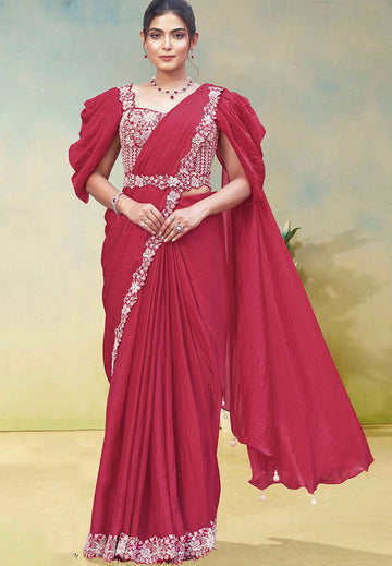 Lovely Coral Color Satin Fabric Readymade Saree