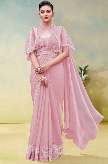 Lovely Pink Color Satin Fabric Readymade Saree