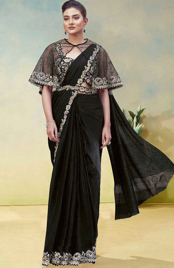 Lovely Black Color Satin Fabric Readymade Saree