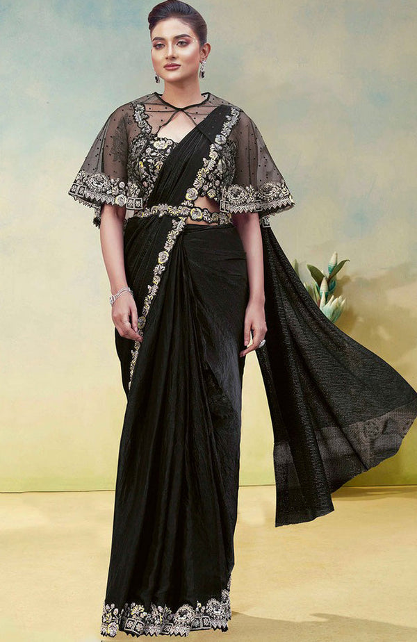 Lovely Black Color Satin Fabric Readymade Saree