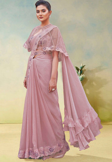 Lovely Pink Color Satin Fabric Readymade Saree