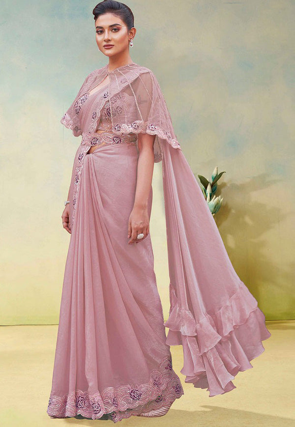 Lovely Pink Color Satin Fabric Readymade Saree