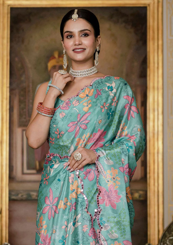 Amazing Green Color Chinon Fabric Partywear Saree