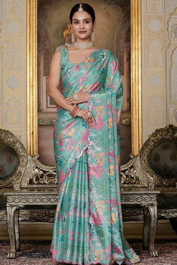 Amazing Green Color Chinon Fabric Partywear Saree