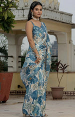 Amazing Blue Color Chinon Fabric Partywear Saree