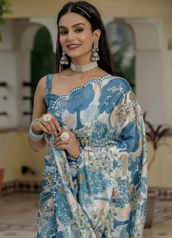 Amazing Blue Color Chinon Fabric Partywear Saree