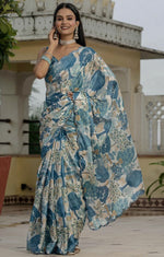 Amazing Blue Color Chinon Fabric Partywear Saree