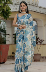 Amazing Blue Color Chinon Fabric Partywear Saree