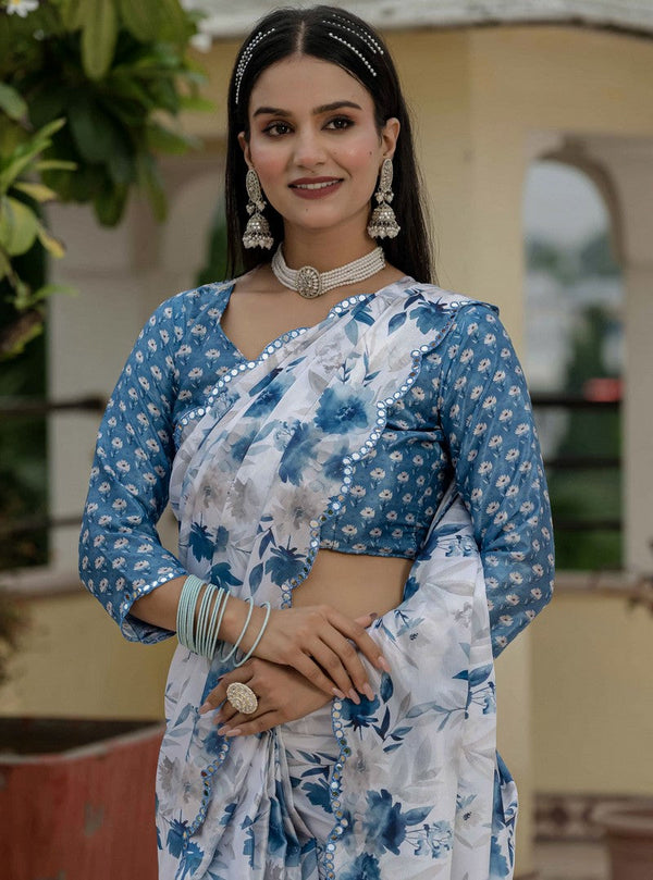 Amazing White Color Chinon Fabric Partywear Saree