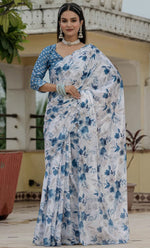 Amazing White Color Chinon Fabric Partywear Saree