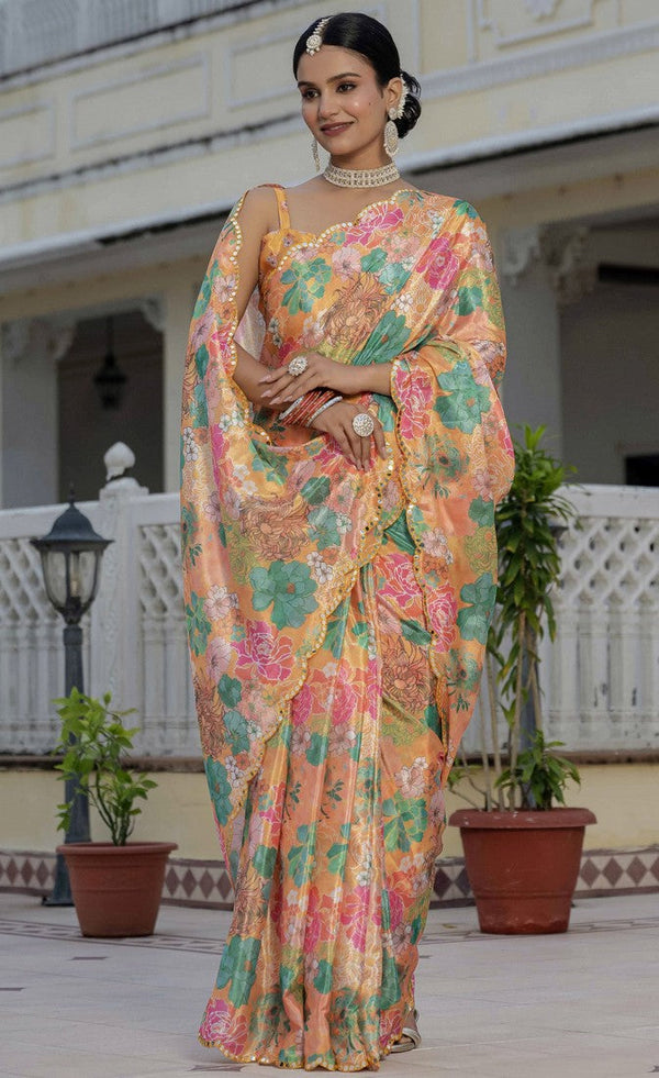 Amazing Orange Color Chinon Fabric Partywear Saree