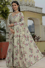 Amazing Cream Color Chinon Fabric Partywear Saree