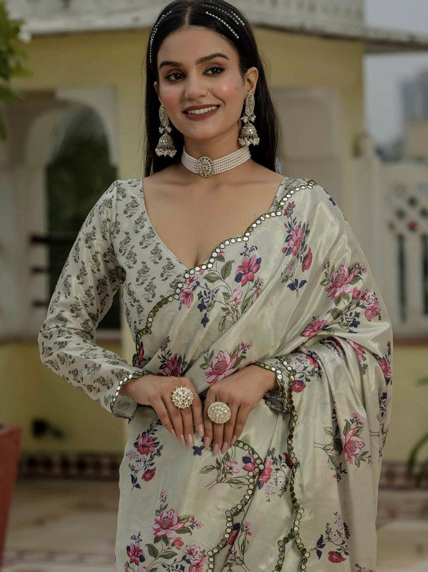Amazing Cream Color Chinon Fabric Partywear Saree