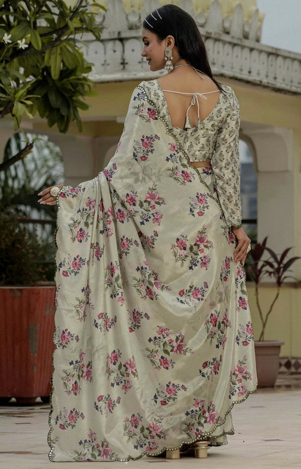 Amazing Cream Color Chinon Fabric Partywear Saree