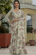 Amazing Cream Color Chinon Fabric Partywear Saree