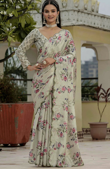 Amazing Cream Color Chinon Fabric Partywear Saree