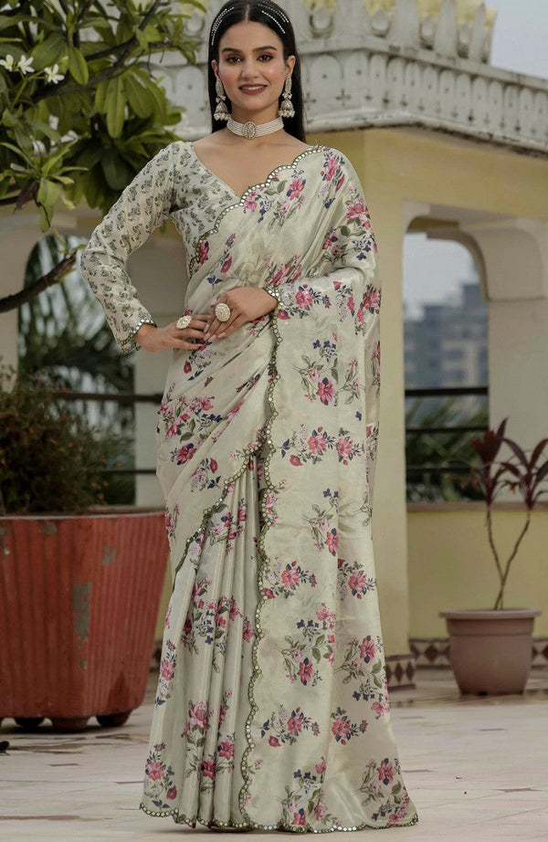 Amazing Cream Color Chinon Fabric Partywear Saree