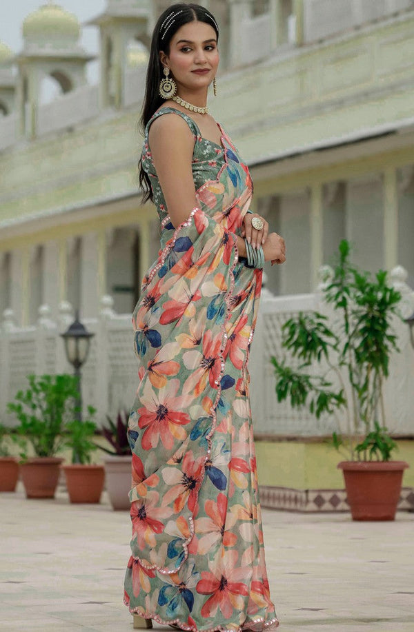 Amazing Green Color Chinon Fabric Partywear Saree