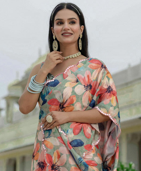 Amazing Green Color Chinon Fabric Partywear Saree