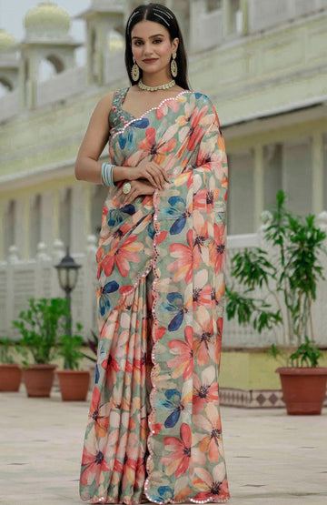 Amazing Green Color Chinon Fabric Partywear Saree