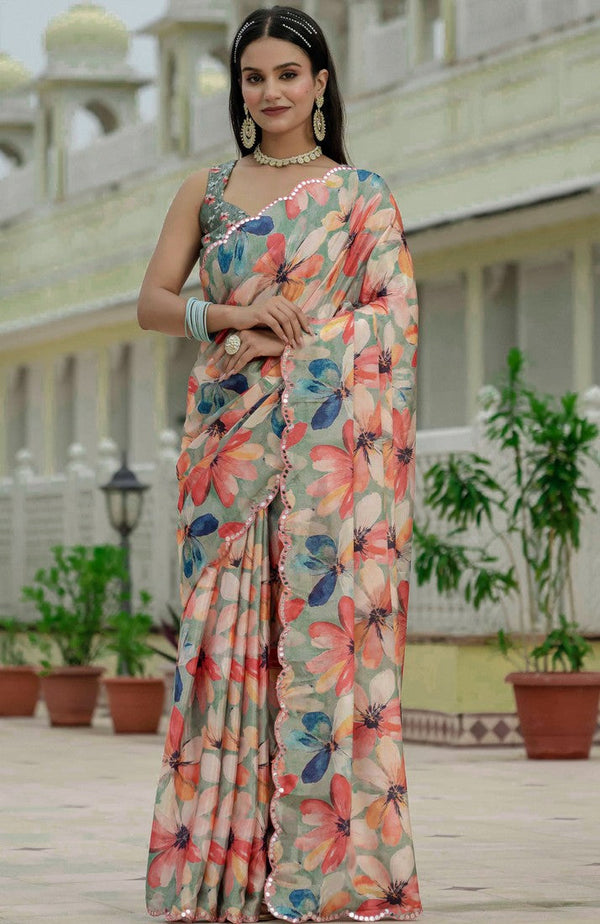 Amazing Green Color Chinon Fabric Partywear Saree