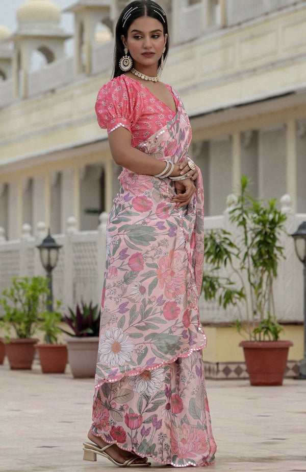 Amazing Pink Color Chinon Fabric Partywear Saree