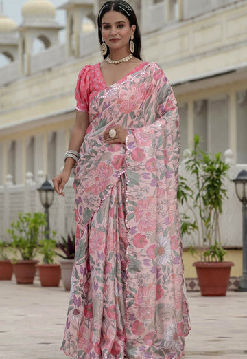 Amazing Pink Color Chinon Fabric Partywear Saree