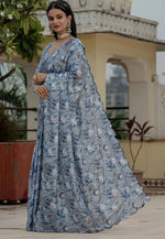 Amazing Grey Color Chinon Fabric Partywear Saree