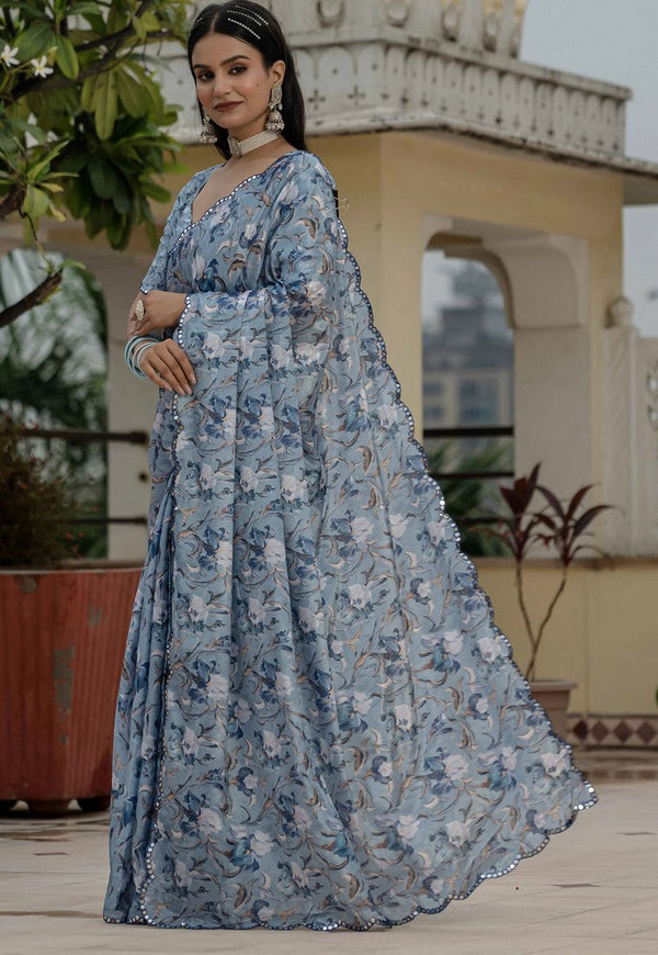 Amazing Grey Color Chinon Fabric Partywear Saree