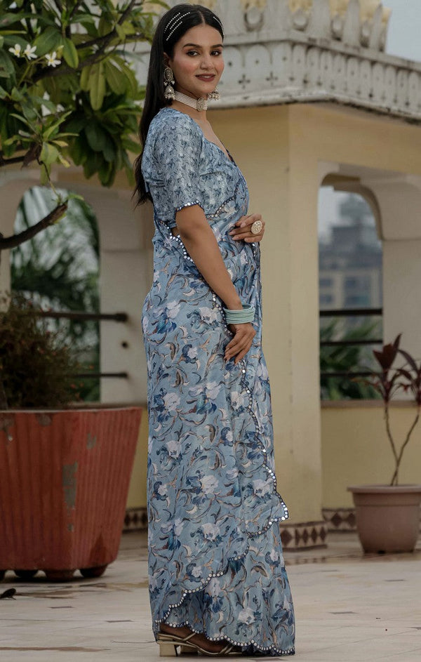 Amazing Grey Color Chinon Fabric Partywear Saree