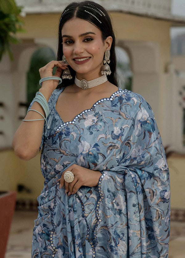 Amazing Grey Color Chinon Fabric Partywear Saree