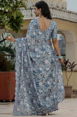 Amazing Grey Color Chinon Fabric Partywear Saree