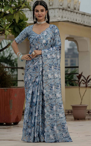 Amazing Grey Color Chinon Fabric Partywear Saree