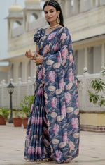 Amazing Grey Color Chinon Fabric Partywear Saree