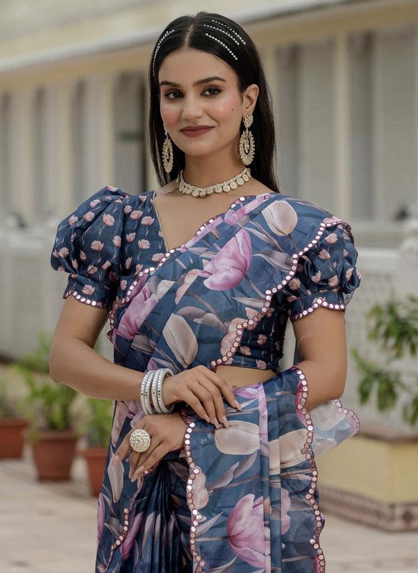 Amazing Grey Color Chinon Fabric Partywear Saree
