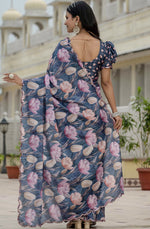 Amazing Grey Color Chinon Fabric Partywear Saree