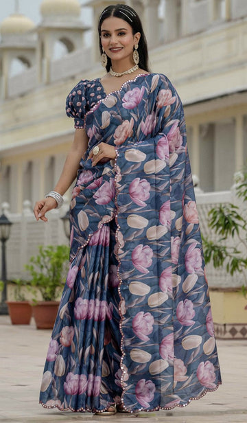 Amazing Grey Color Chinon Fabric Partywear Saree