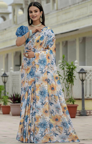 Amazing Multi Color Chinon Fabric Partywear Saree