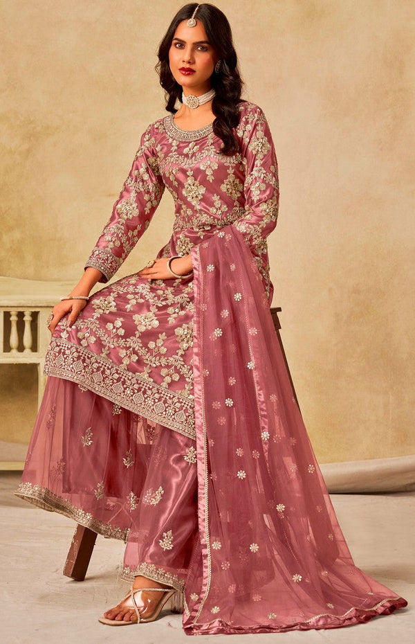 Divine Peach Color Net Fabric Plazzo Suit