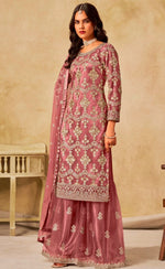 Divine Peach Color Net Fabric Plazzo Suit