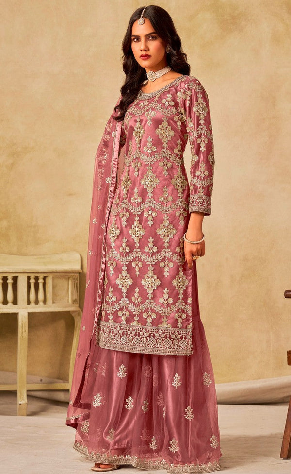 Divine Peach Color Net Fabric Plazzo Suit