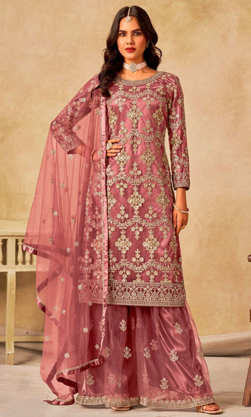 Divine Peach Color Net Fabric Plazzo Suit