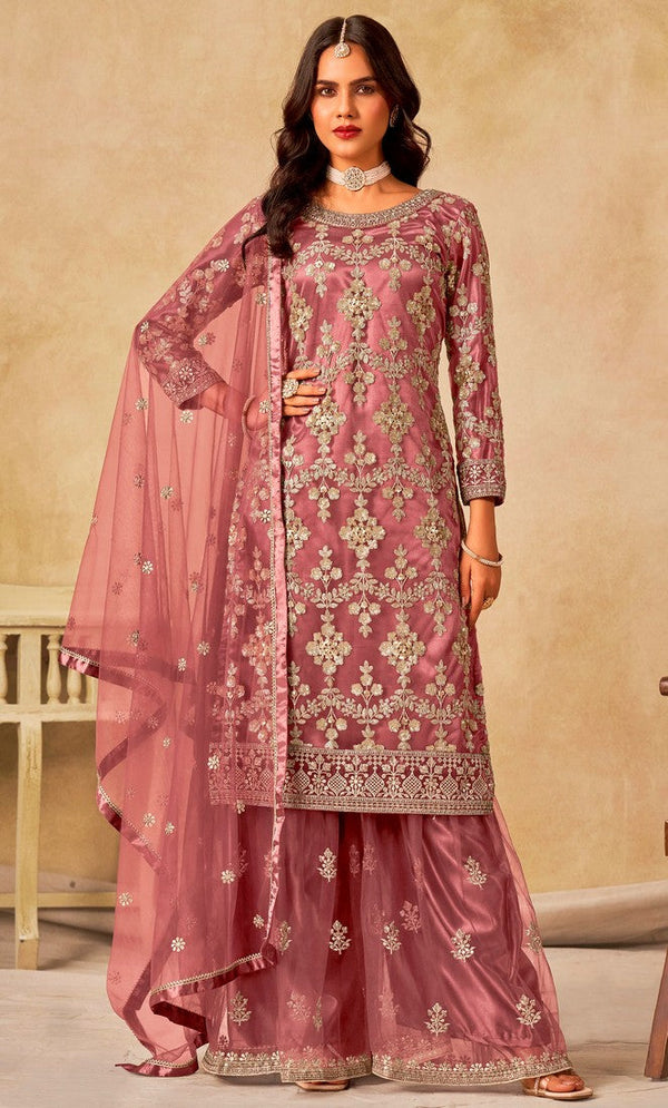 Divine Peach Color Net Fabric Plazzo Suit