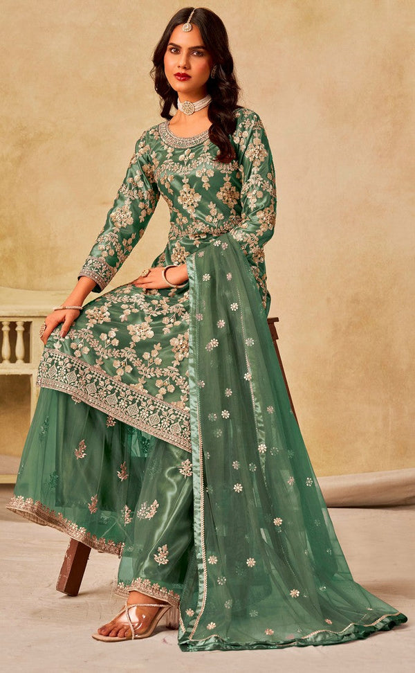Divine Peach Color Net Fabric Plazzo Suit